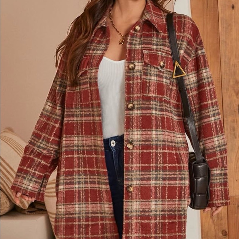 Simplee Appeal Women's Plaid Utility Shacket  in Red Tan and Gray